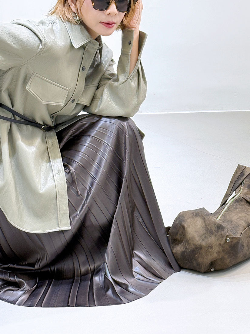 Leather Look Pleated Maxi Skirt (2 Colours)