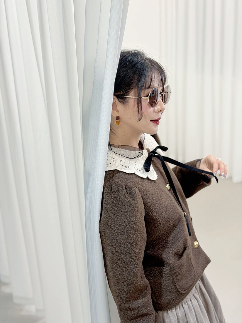 Crochet Collar Woollen Quilted Jacket (2 Colours)