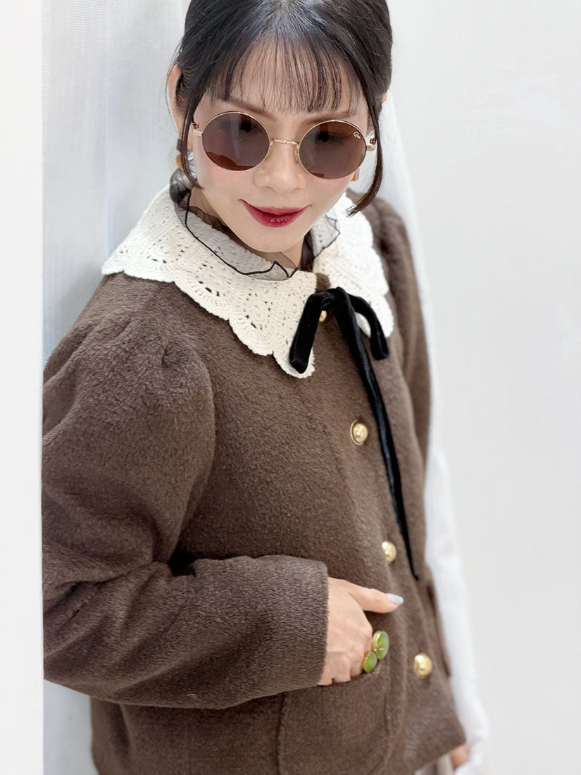 Crochet Collar Woollen Quilted Jacket (2 Colours)