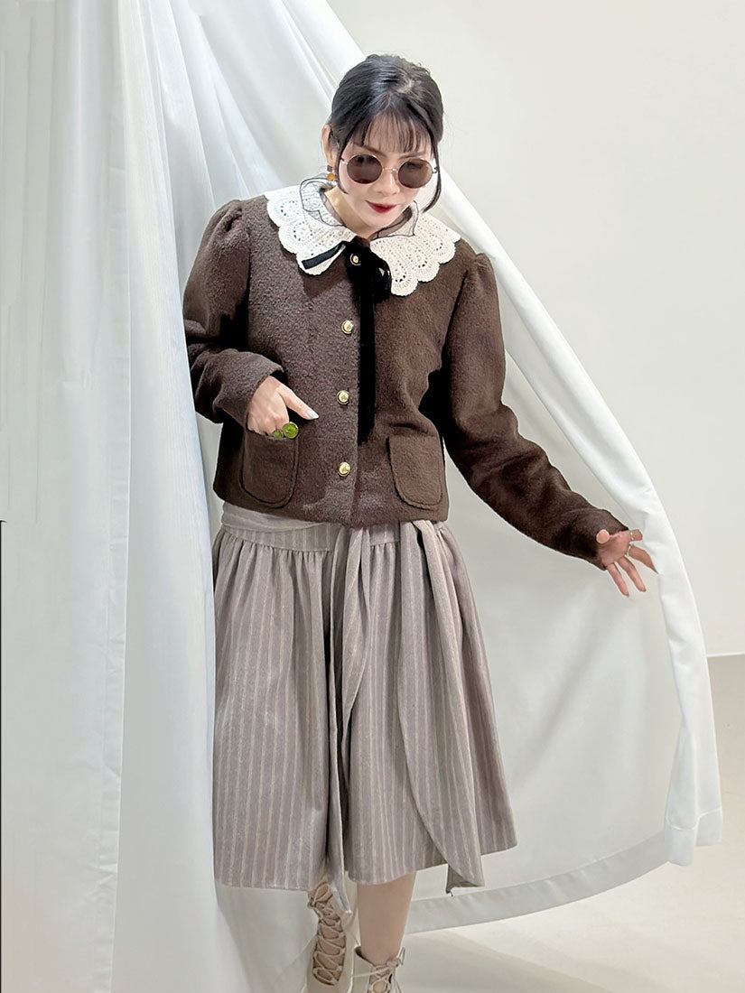 Crochet Collar Woollen Quilted Jacket (2 Colours)