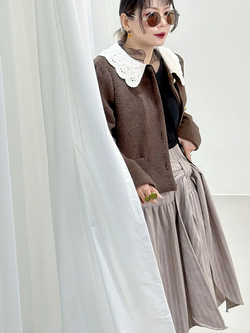 Crochet Collar Woollen Quilted Jacket (2 Colours)