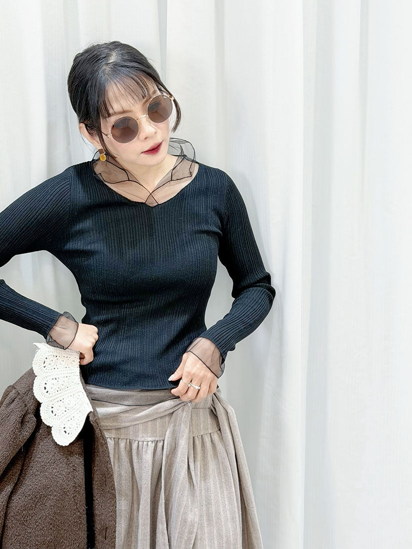 Mesh Trim Rib Knit Top (2 Colours)