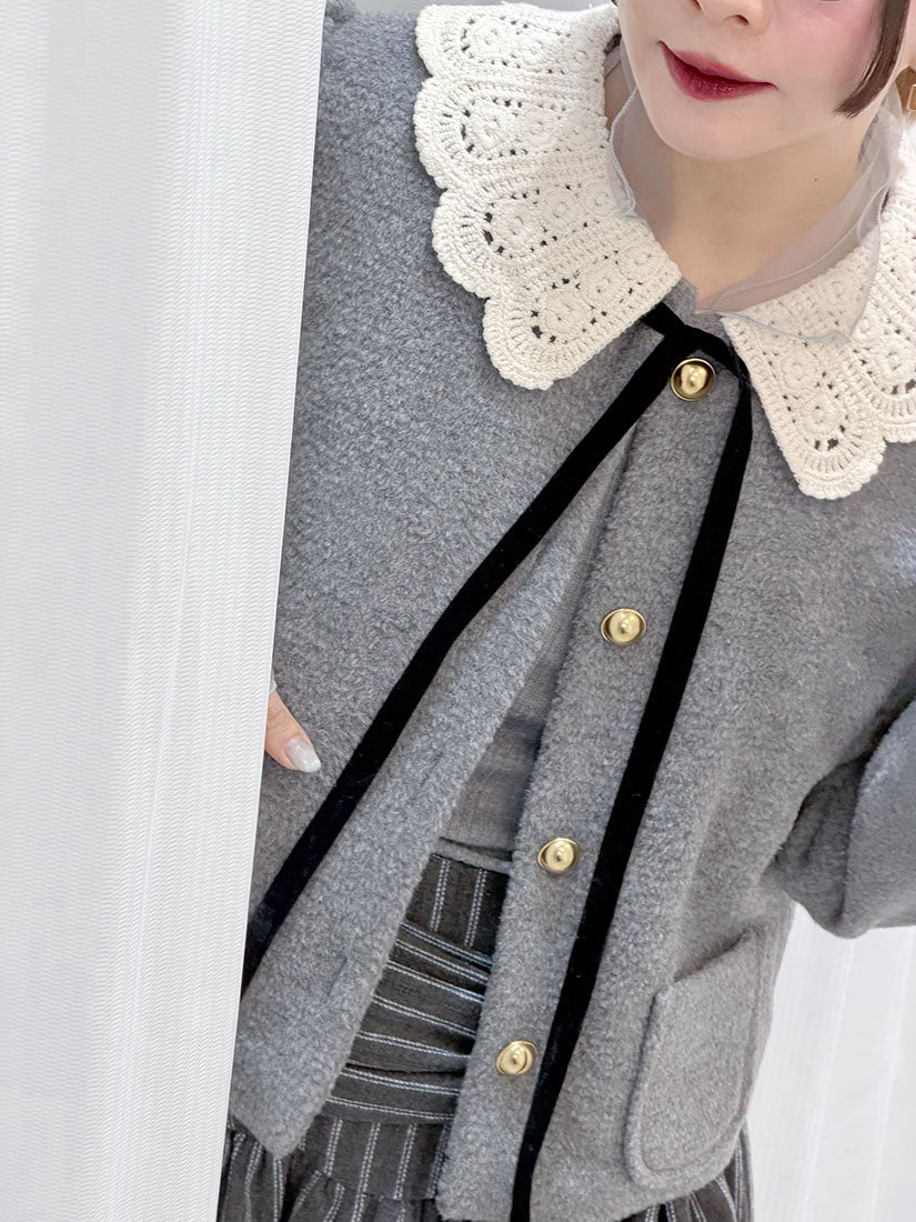 Crochet Collar Woollen Quilted Jacket (2 Colours)