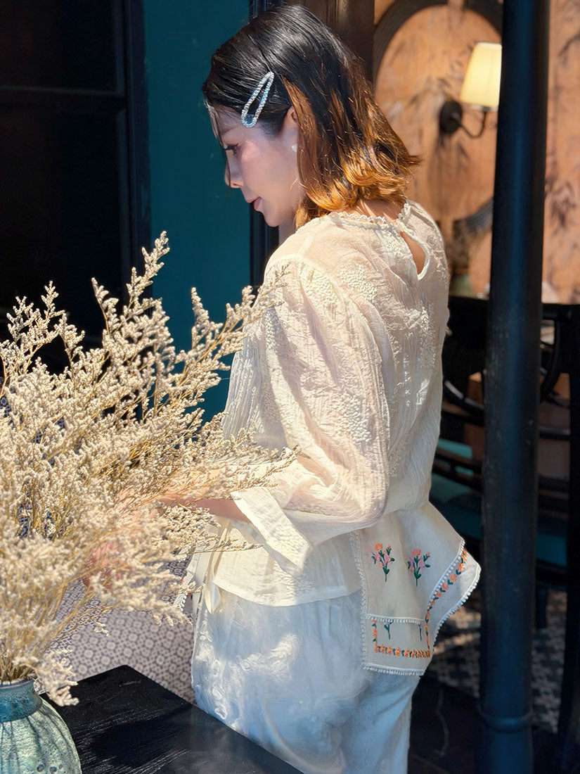 Semi-Sheer Embroidered Wrinkle Top