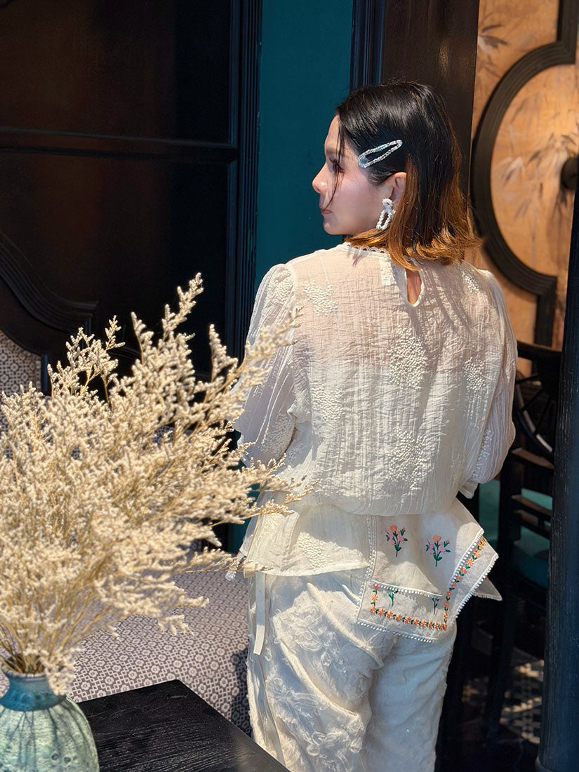 Semi-Sheer Embroidered Wrinkle Top