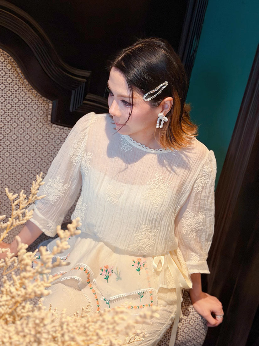Semi-Sheer Embroidered Wrinkle Top