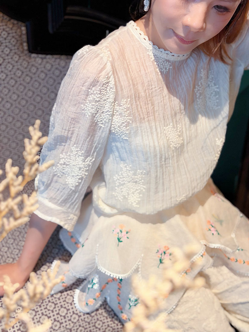 Semi-Sheer Embroidered Wrinkle Top