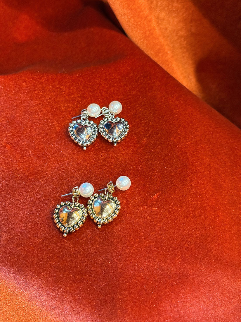 Metallic Heart Pearl Earrings (2 Colours)