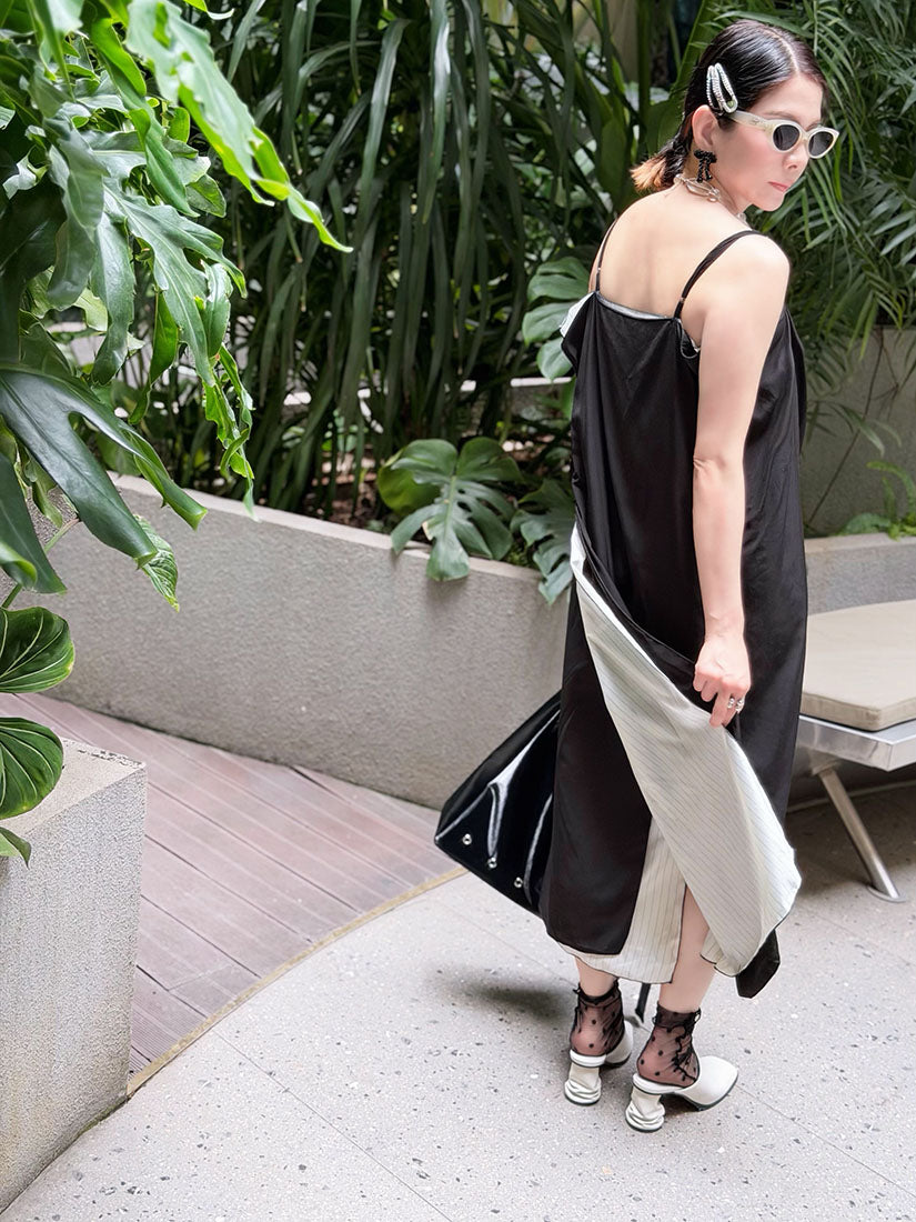 Drape Neck Striped Underlay Strap Dress
