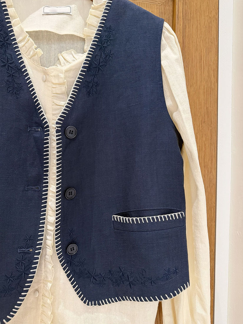 Blanket Stitch Edge Embroidered Vest Jacket (2 Colours)