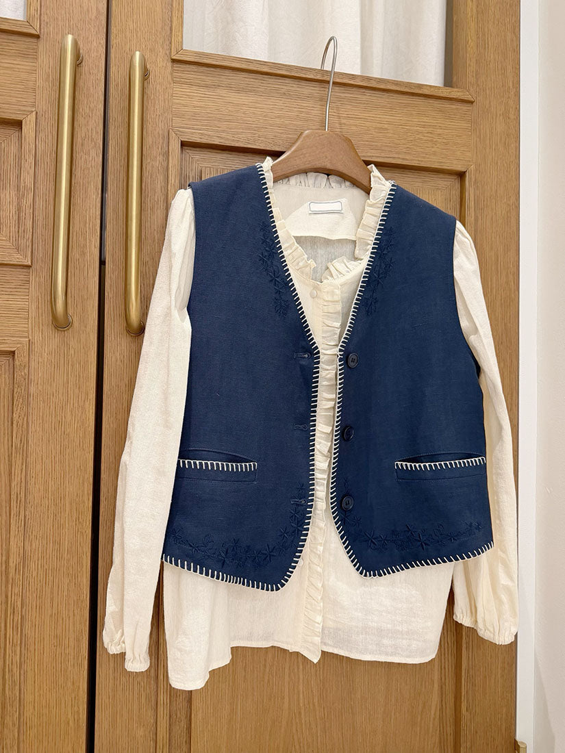 Blanket Stitch Edge Embroidered Vest Jacket (2 Colours)