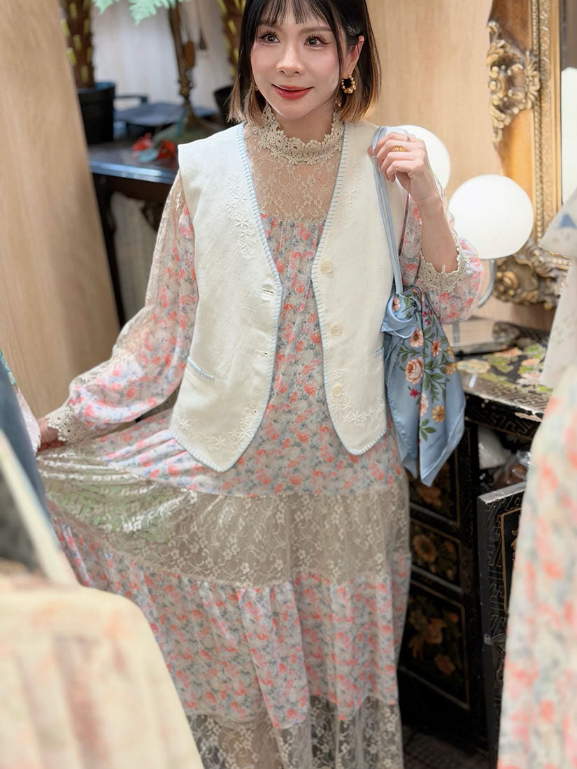 Blanket Stitch Edge Embroidered Vest Jacket (2 Colours)