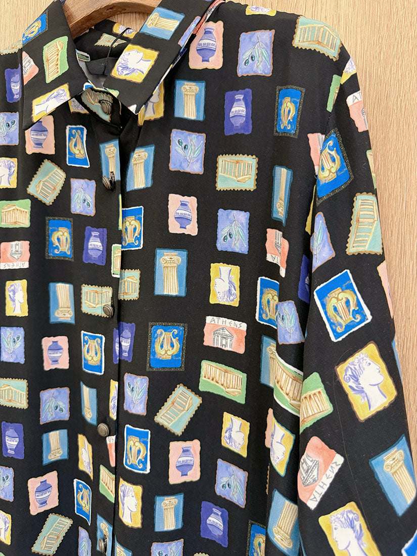 Stamp Printed Pleated Hem Shirt Dress