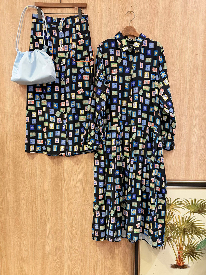 Stamp Printed Pleated Hem Shirt Dress