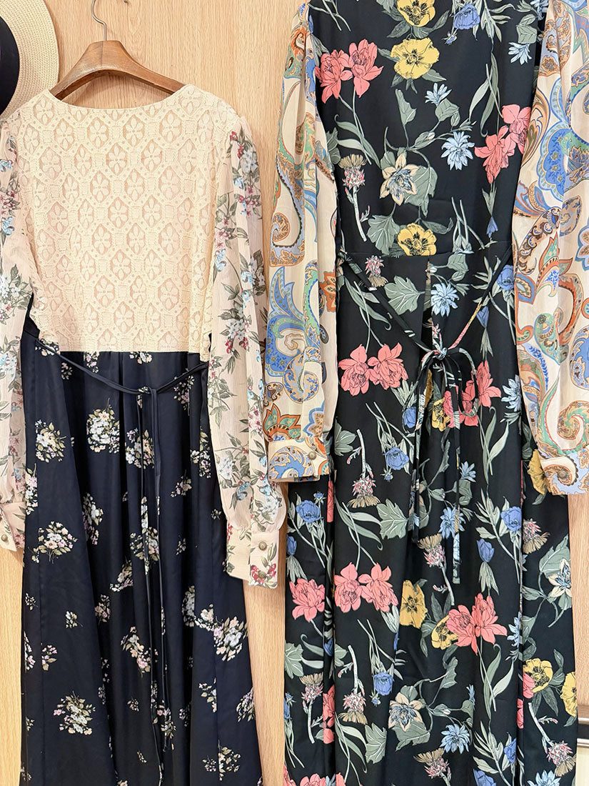 Lace Up Front Floral Printed Patch Block Dress (2 Colours)