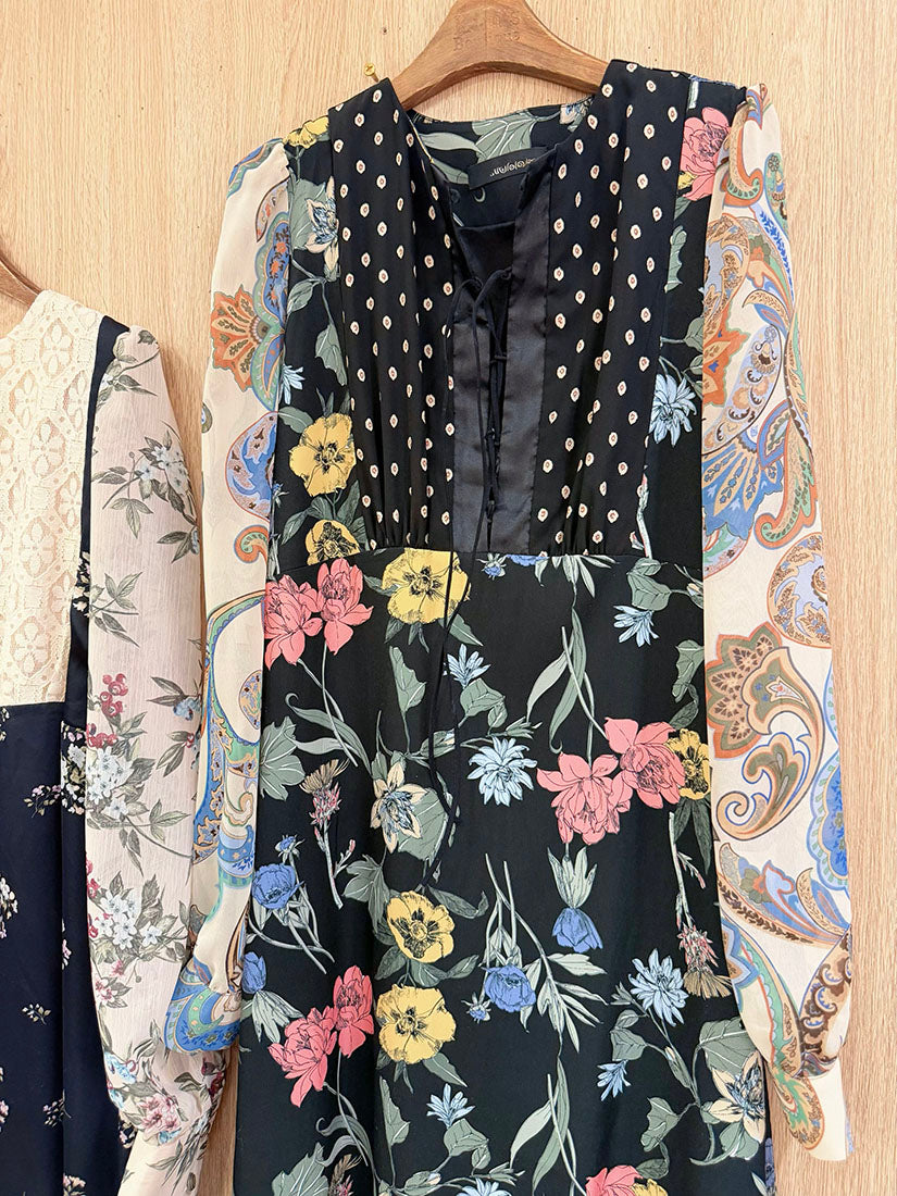 Lace Up Front Floral Printed Patch Block Dress (2 Colours)