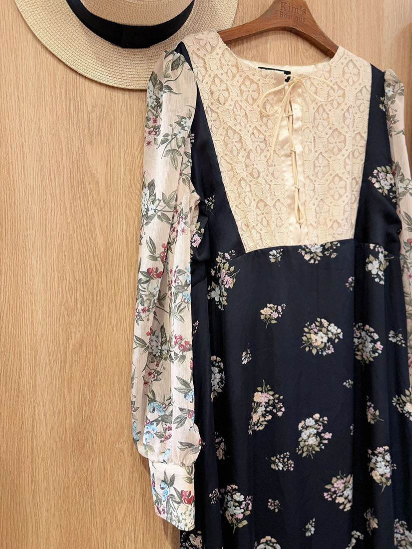 Lace Up Front Floral Printed Patch Block Dress (2 Colours)