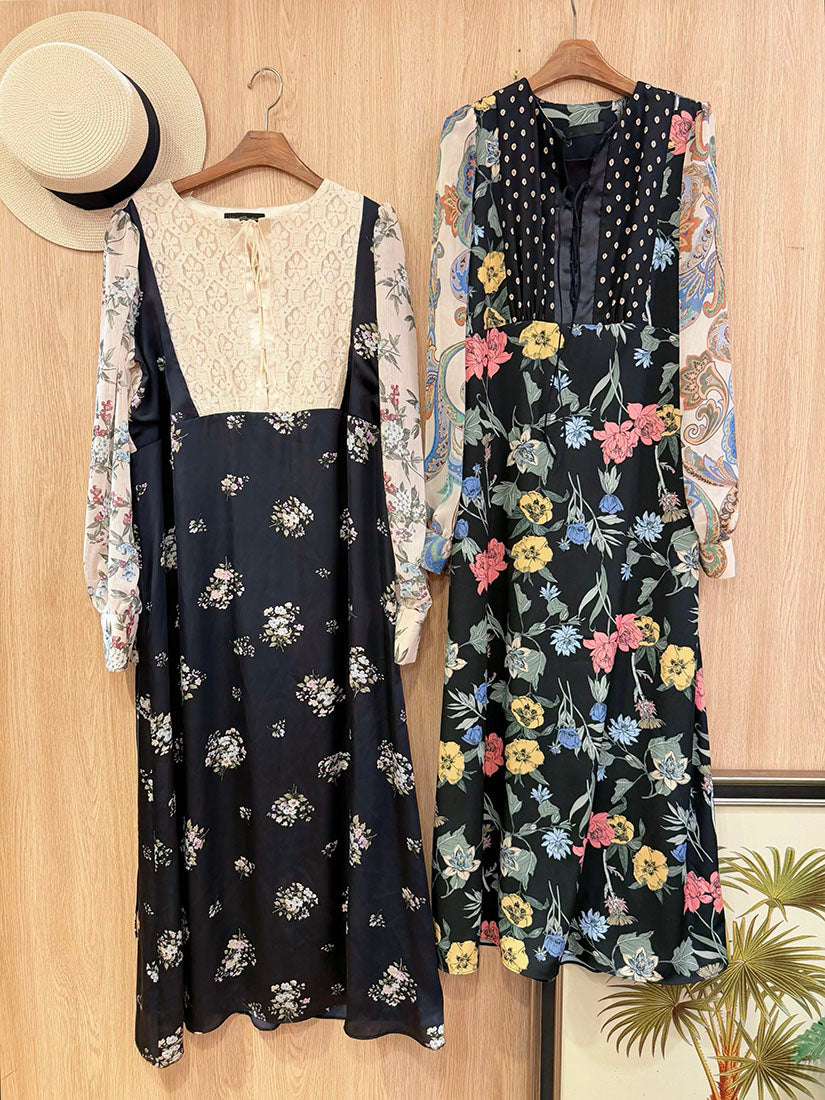 Lace Up Front Floral Printed Patch Block Dress (2 Colours)