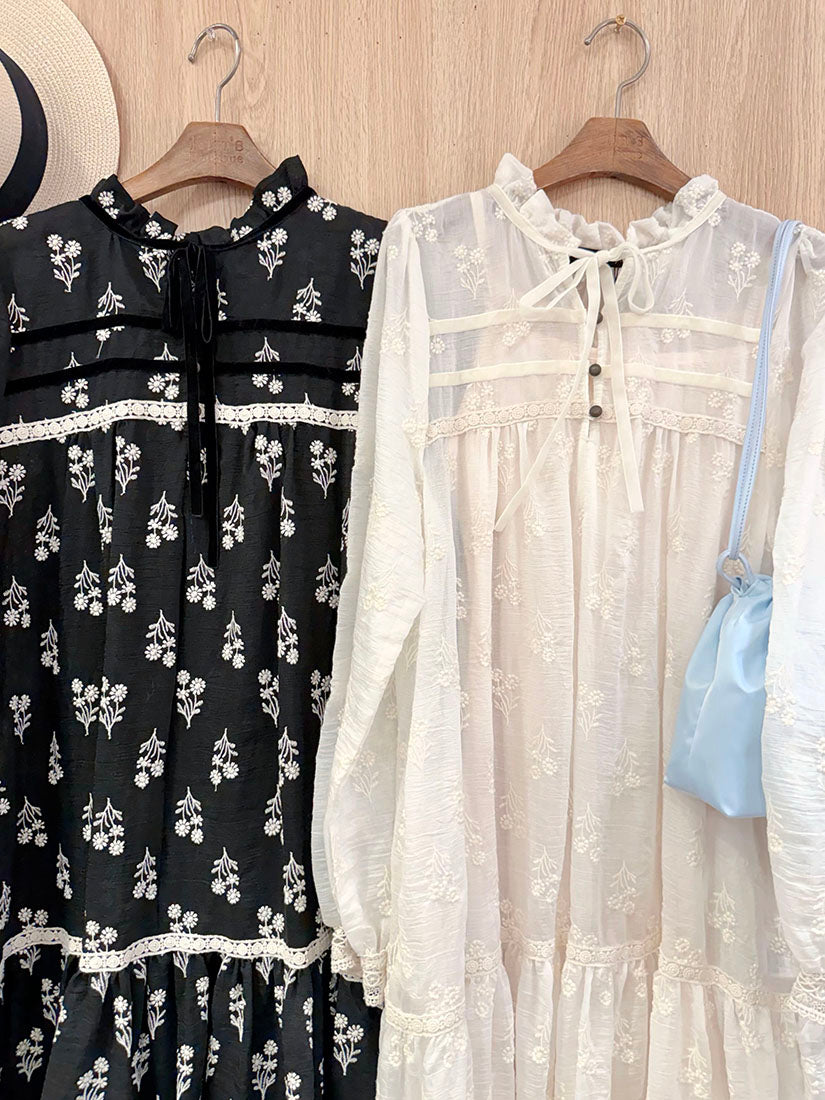 Lace Trim Floral Embroidered Dress (2 Colours)
