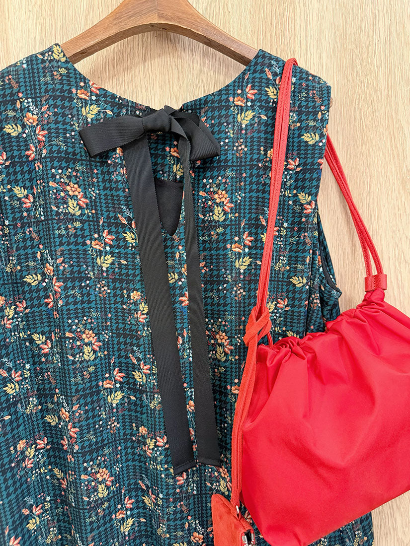 Floral Check Printed Pleated Hem Vest Dress (2 Colours)