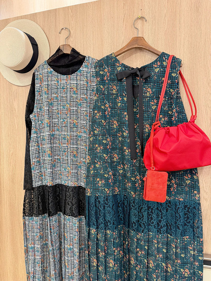 Floral Check Printed Pleated Hem Vest Dress (2 Colours)