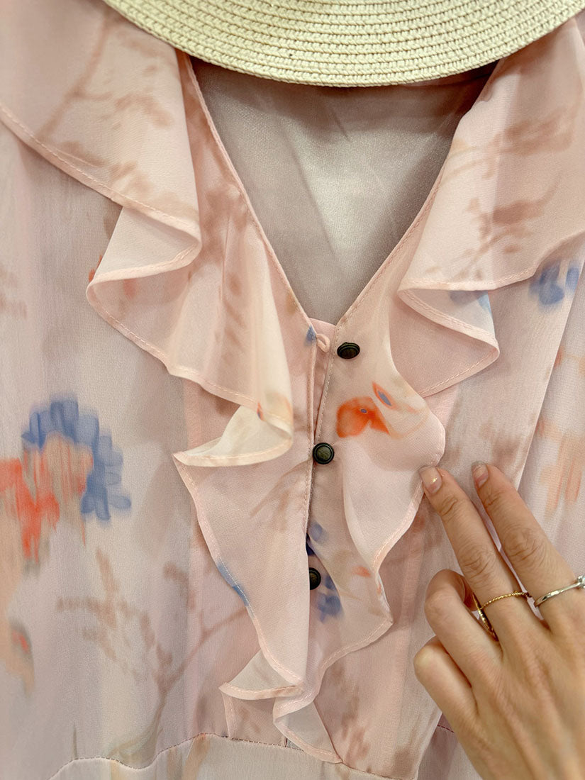 Ruffle Neck Trim Ruffle Layered Hem Floral Dress (2 Colours)