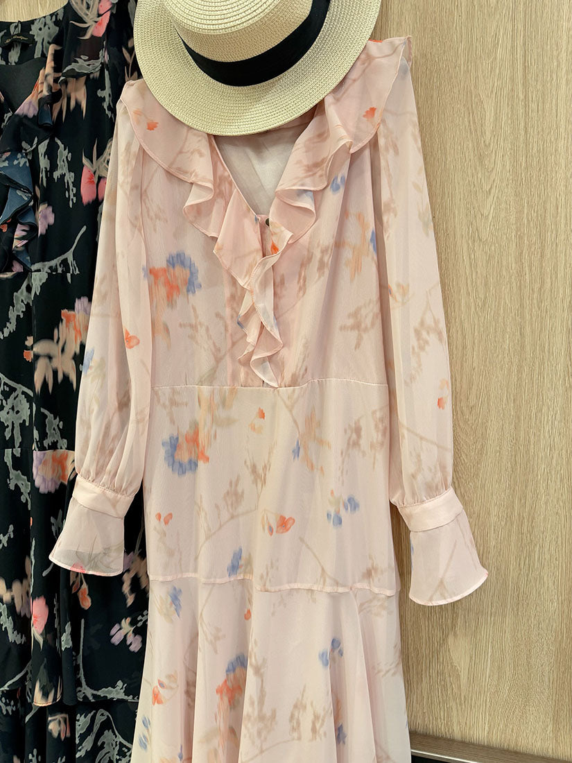 Ruffle Neck Trim Ruffle Layered Hem Floral Dress (2 Colours)
