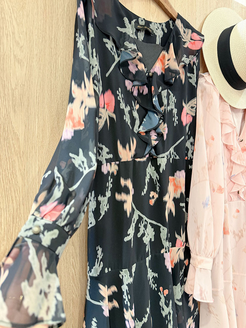 Ruffle Neck Trim Ruffle Layered Hem Floral Dress (2 Colours)