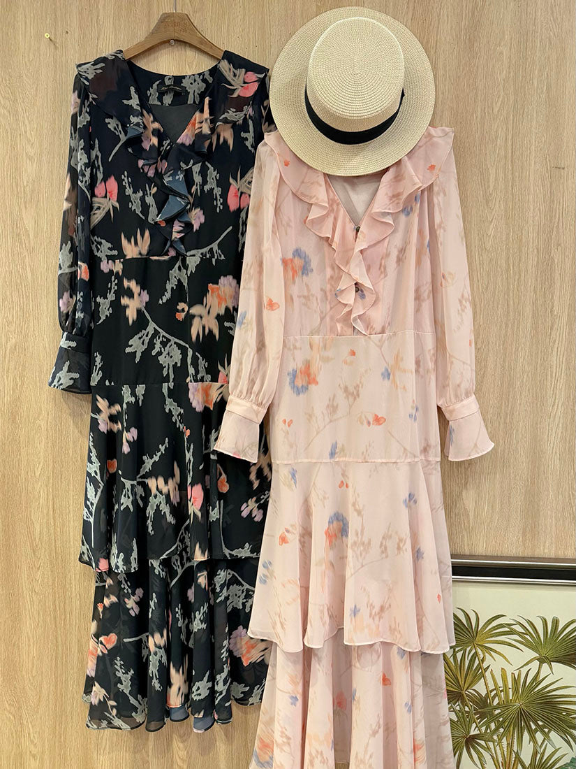 Ruffle Neck Trim Ruffle Layered Hem Floral Dress (2 Colours)
