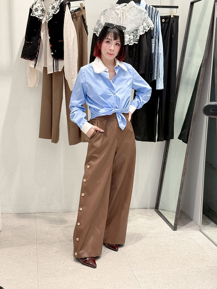 Ruffle Collar Stripe with Silver Diamond Blue Shirt