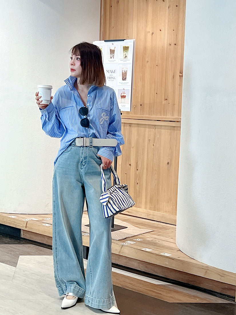 Bow Embroidered Mock Neck Striped Shirt