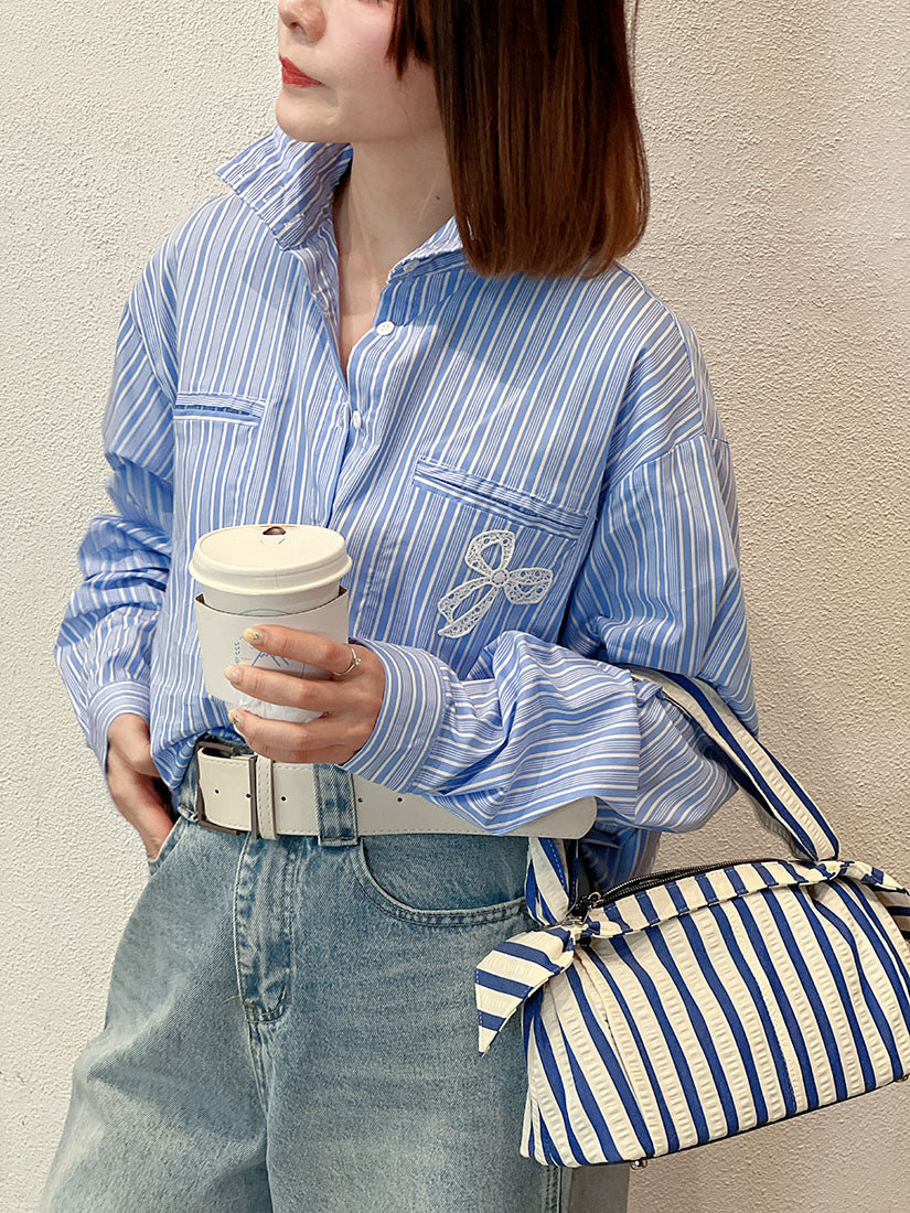 Bow Embroidered Mock Neck Striped Shirt