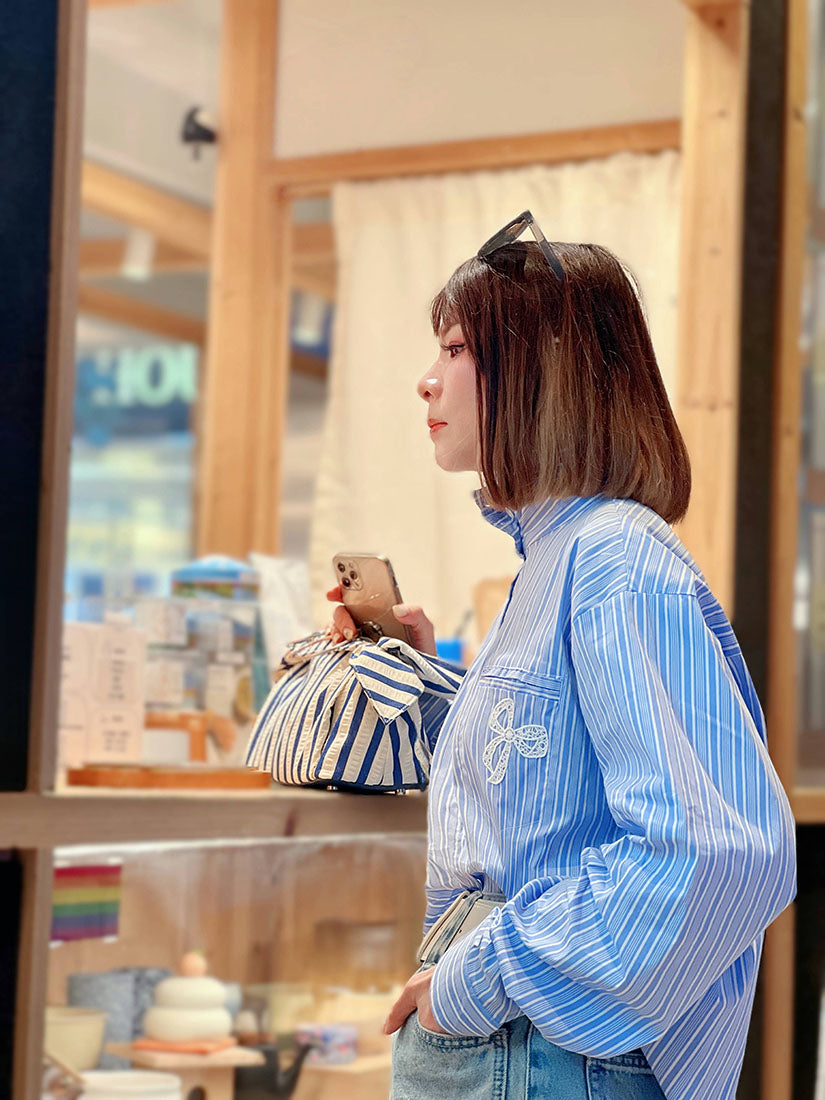 Bow Embroidered Mock Neck Striped Shirt