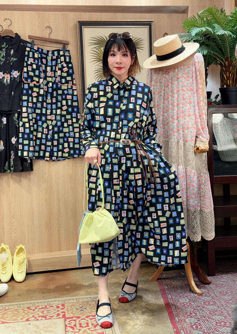 Stamp Printed Pleated Hem Shirt Dress