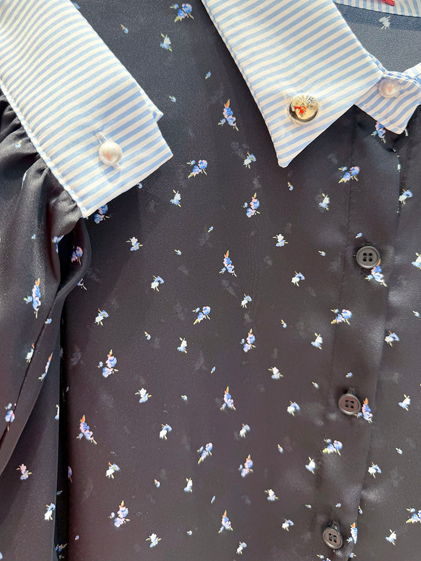 Drawstring Hem Striped Collar Floral Shirt