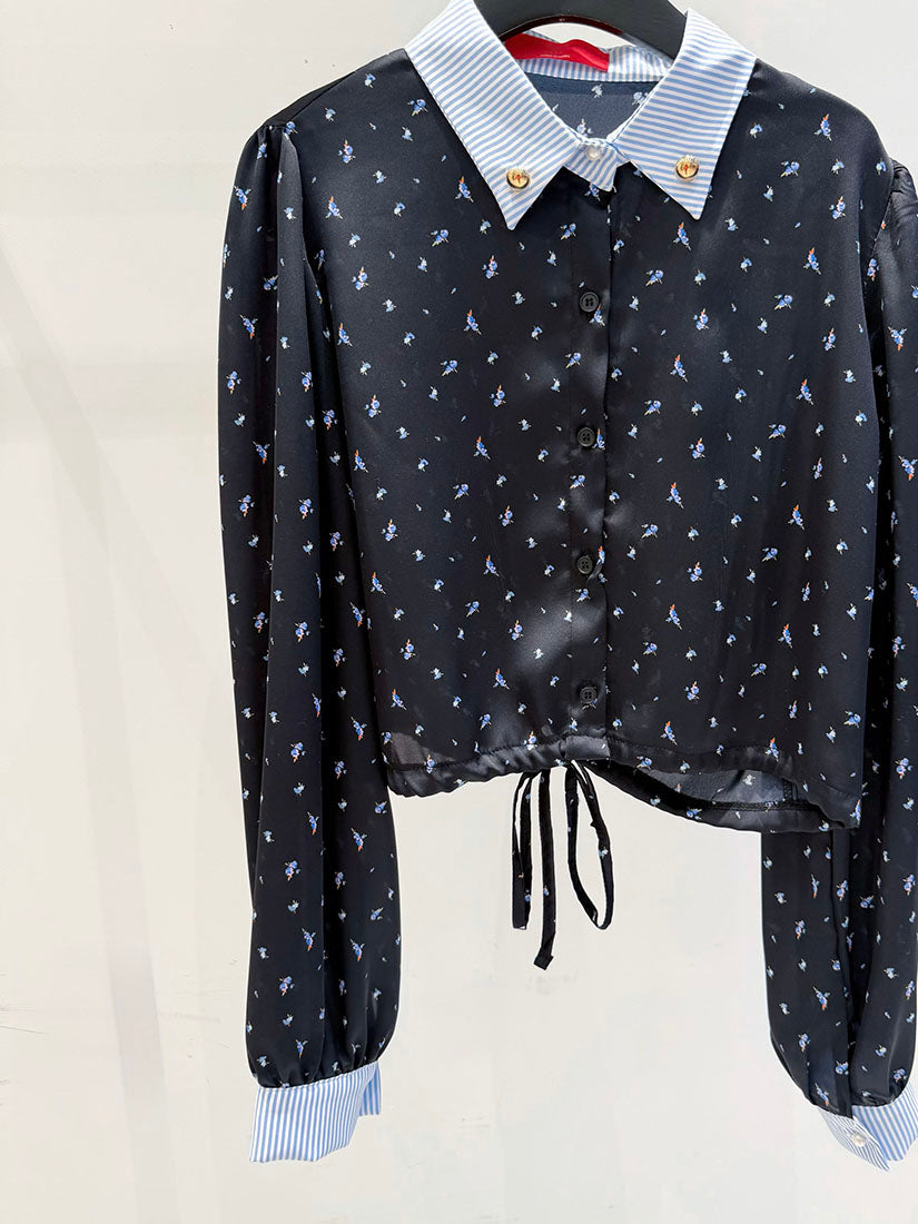 Drawstring Hem Striped Collar Floral Shirt