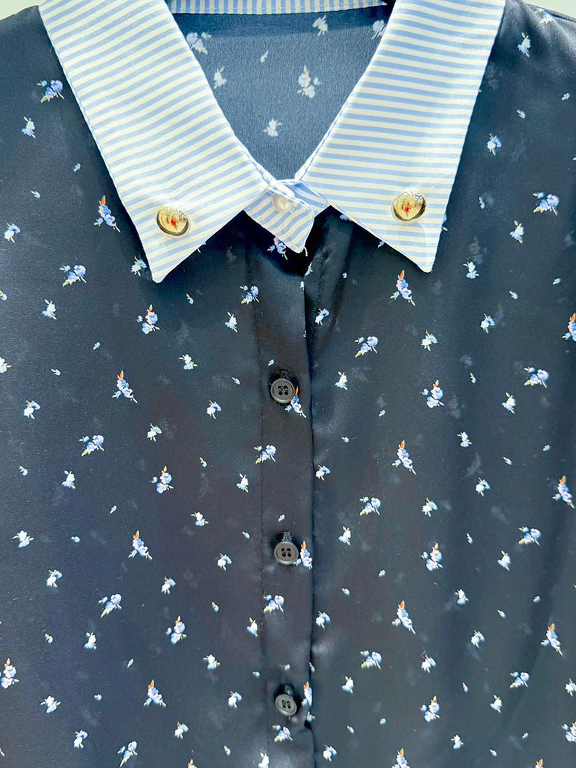 Drawstring Hem Striped Collar Floral Shirt