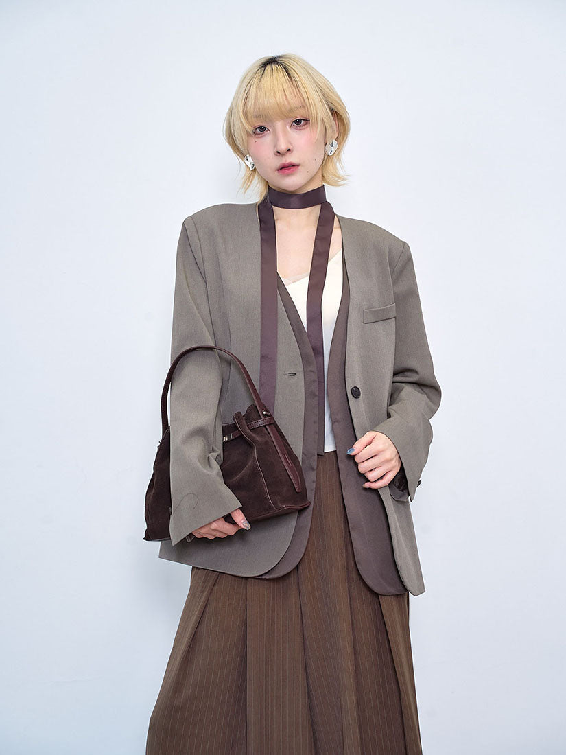 Layered Single Breasted Collarless Blazer With Twilly scarf (2 Colours)