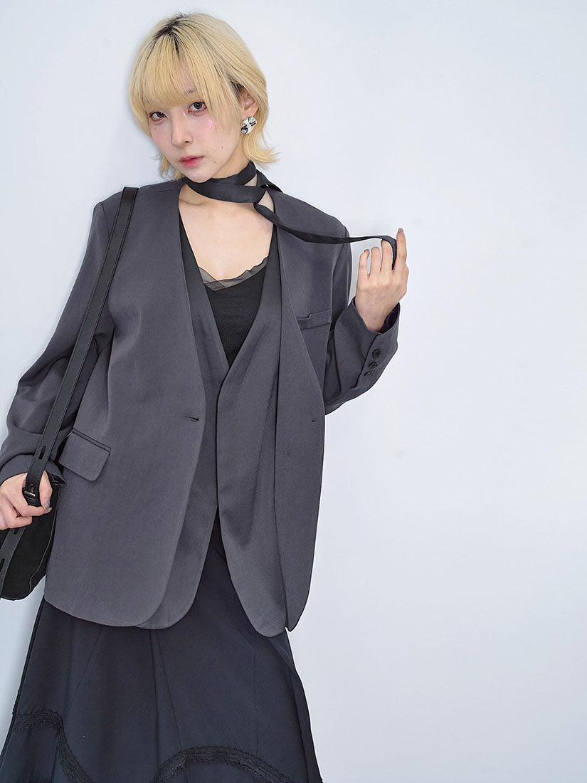 Layered Single Breasted Collarless Blazer With Twilly scarf (2 Colours)