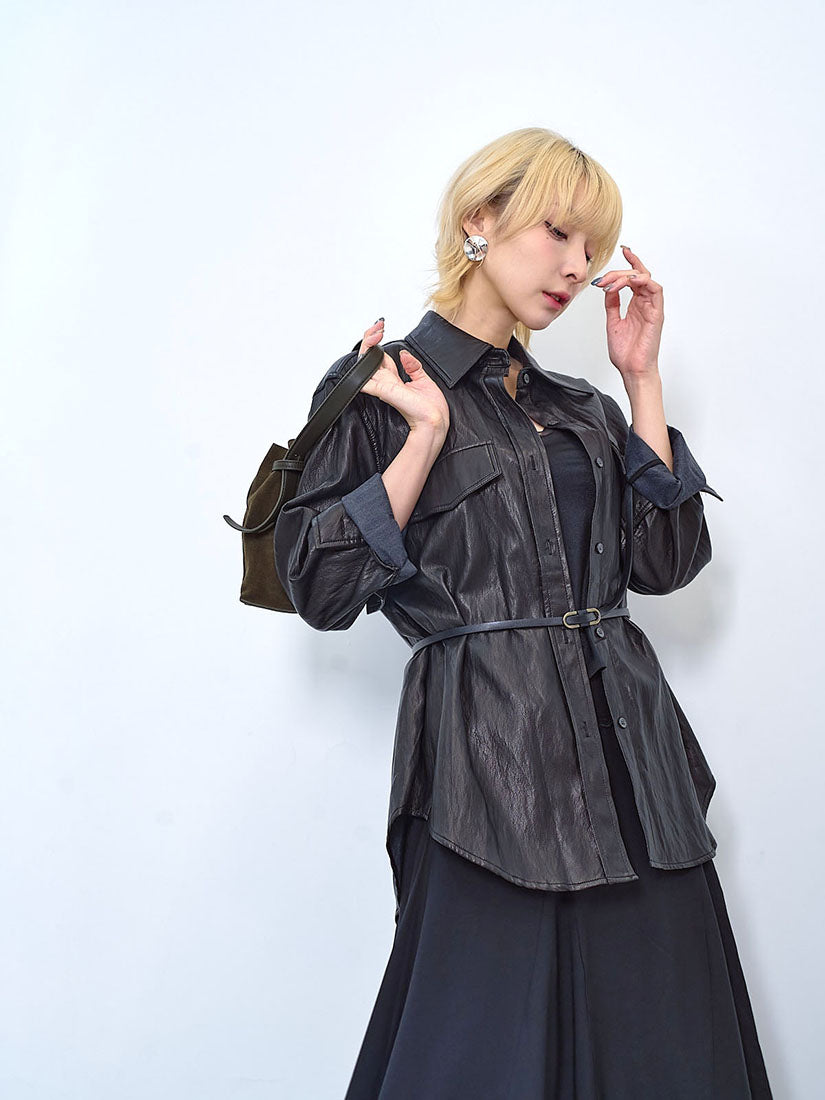 Belted Faux Leather Shirt (2 Colours)