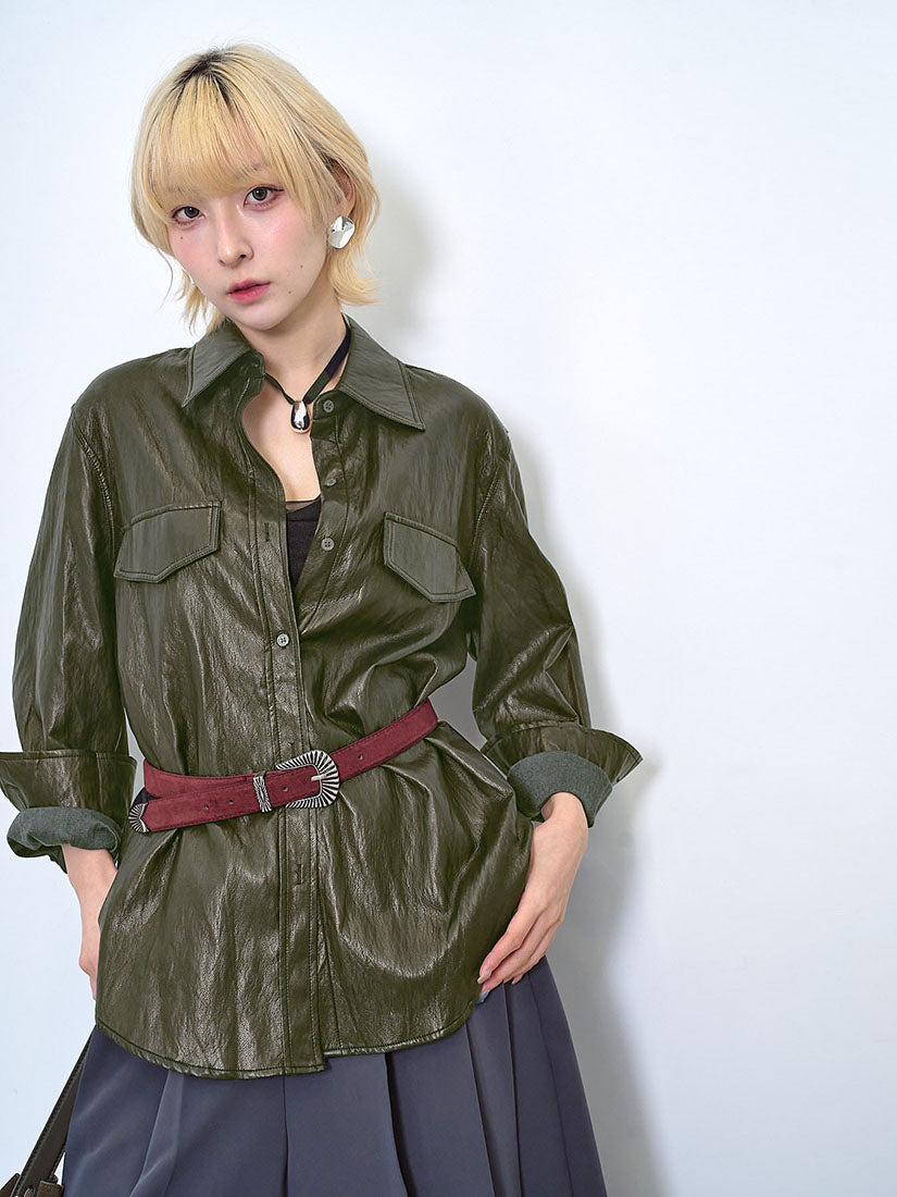 Belted Faux Leather Shirt (2 Colours)