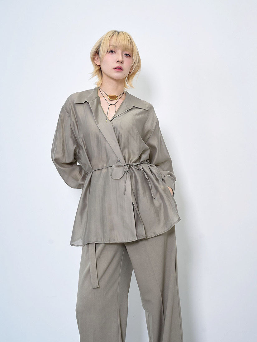 Tie Waist Flowy Silky Wrap Shirt (2 Colours)