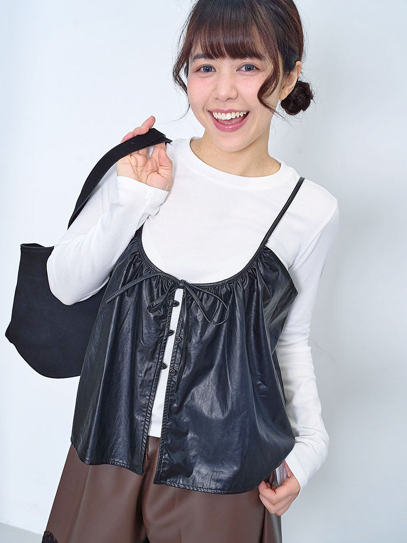 Faux Leather Camisole With Long Sleeve Tee Set (2 Colours)
