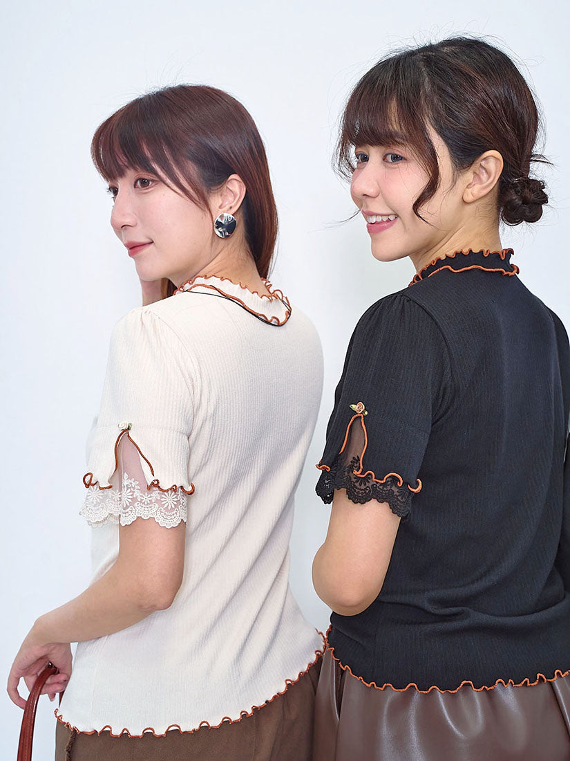 Contrast Lettuce Edge Lace Trim Sleeve Rib Top (2 Colours)