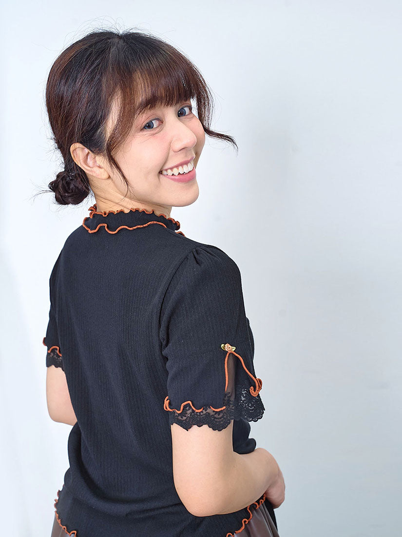 Contrast Lettuce Edge Lace Trim Sleeve Rib Top (2 Colours)