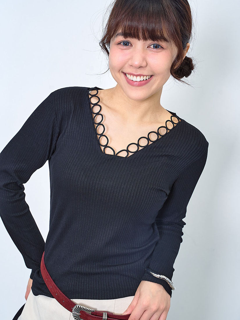 Ring Trim V Neck Ribbed Top (2 Colours)