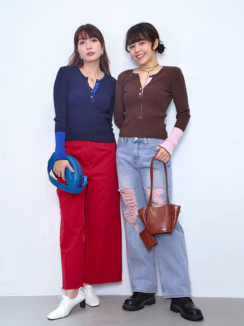 Colourblocked Half Placket Rib Sweater (2 Colours)