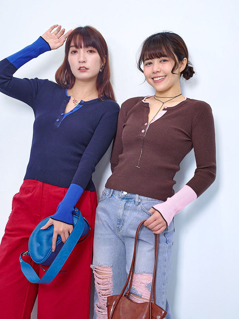 Colourblocked Half Placket Rib Sweater (2 Colours)
