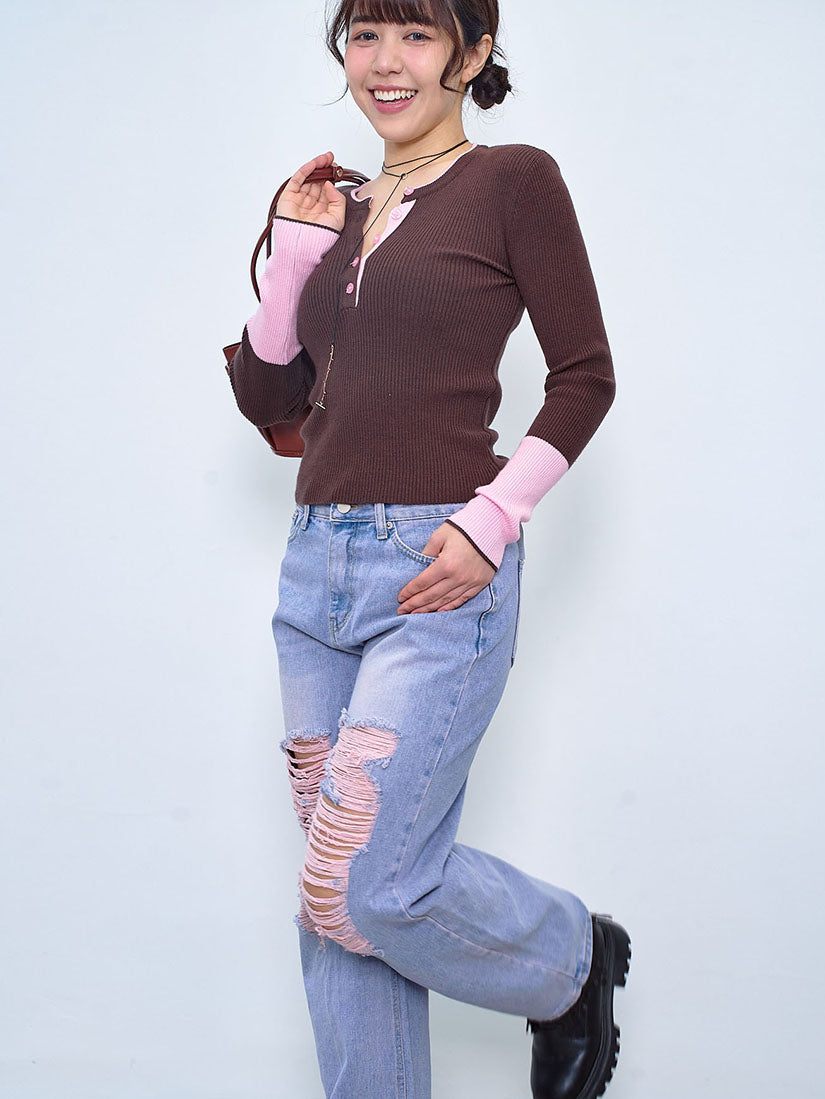Colourblocked Half Placket Rib Sweater (2 Colours)