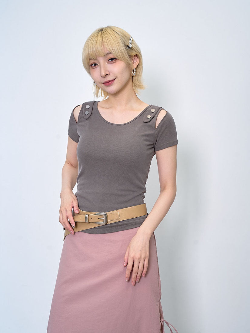 Cut Out Shoulder Matt Button Rib Top (2 Colours)
